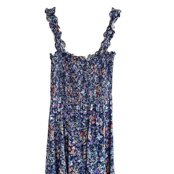 Apricot Smocked Ruffle Trim Floral Midi Dress Blue Multicolor 4 Small Beach - Picture 2 of 4